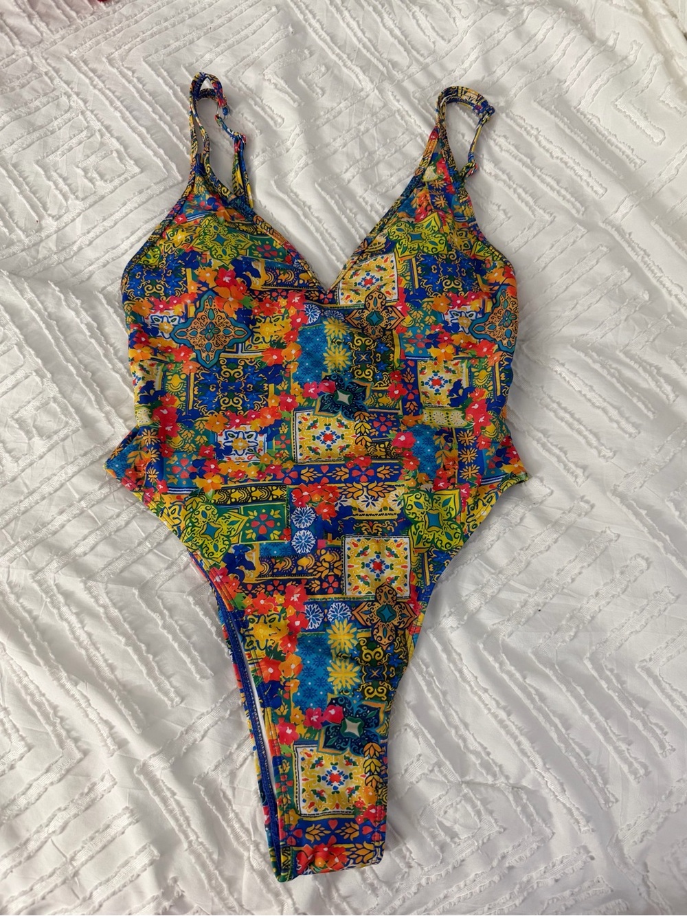 Fashion Nova Multicolor Tile Floral One-Piece Swimsuit - Blue, Yellow, Red